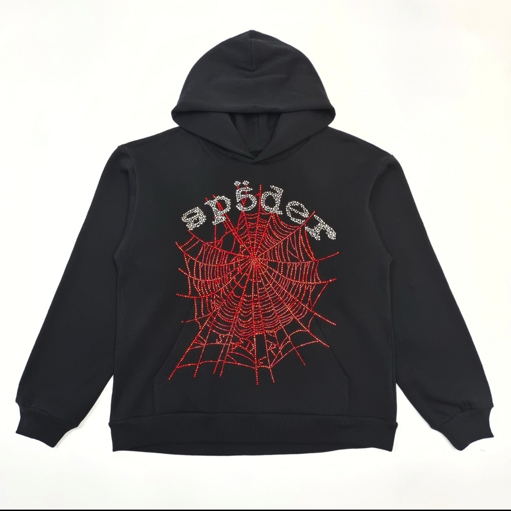 Black Pullover Hoodie with Red Spider Web Design